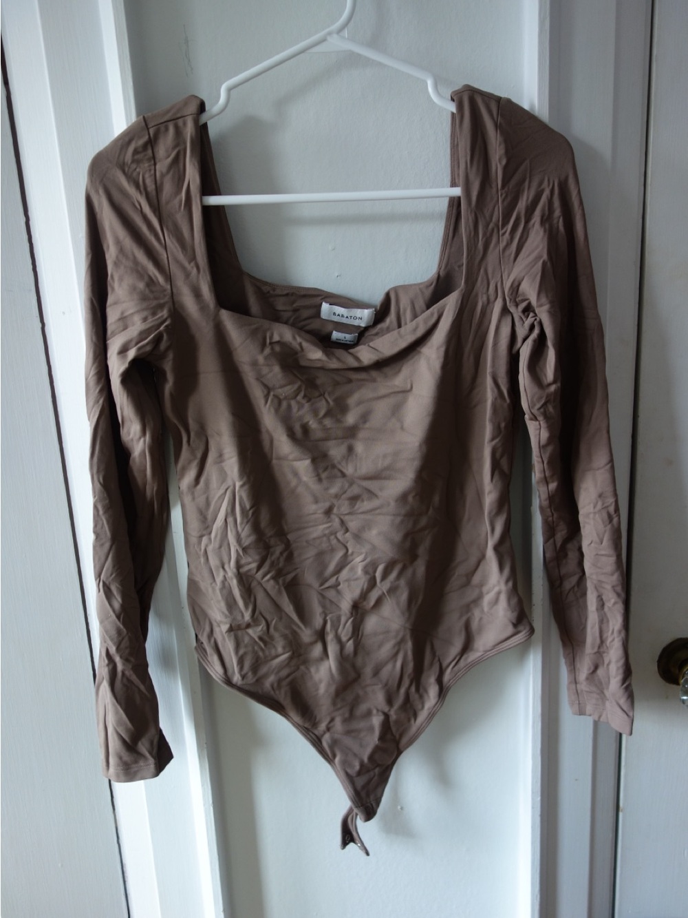 Babaton Long-Sleeve Square Neck Bodysuit in Taupe Brown